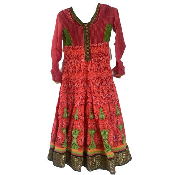 SHAGUFTA Indian Pink Green Gold Embroidered Gown Party Dress Bollywood Medium 97 - Picture 1 of 16